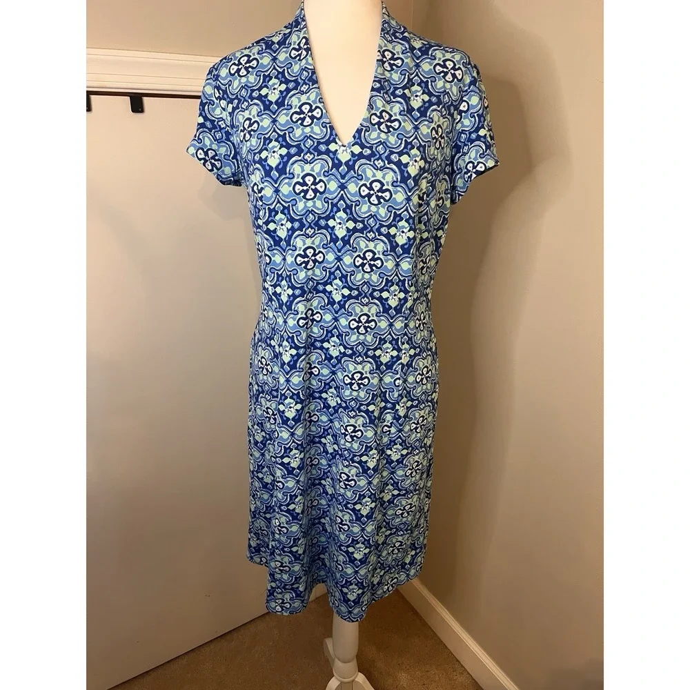 J. McLaughlin Catalina Cloth Blue/White Geometric V-Neck Shift Dress Stretch M